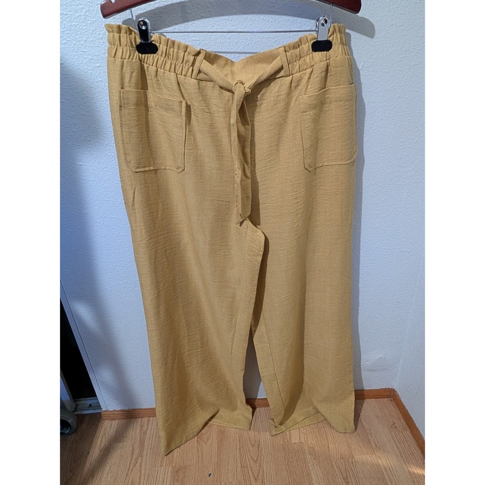 Wren New York Wide Leg Pants Sz XL MustardYellow Textured PullOn Tie Belt NWT